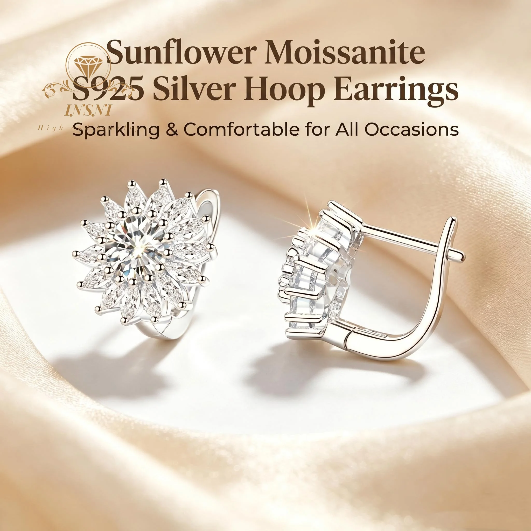 S925 Silver Moissanite Full Diamond Sun Flower Ear Buckle Women's Full Diamond Earrings Light Luxury Commuter Banquet Jewelry