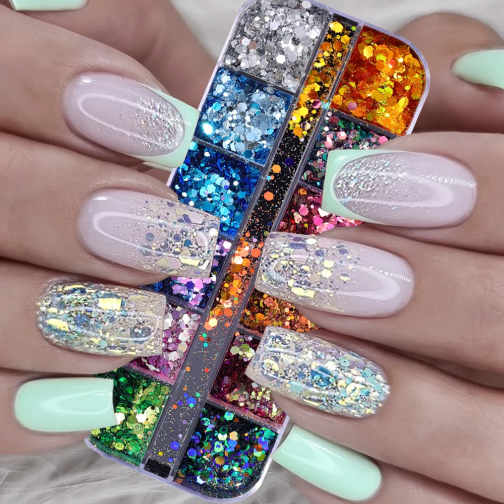 3D Iridescent Nail Art Sequins Candy Color Nail Glitter DIY Chrome Powder Sparkly Hexagon Chunky Flakes Manicures Decorations