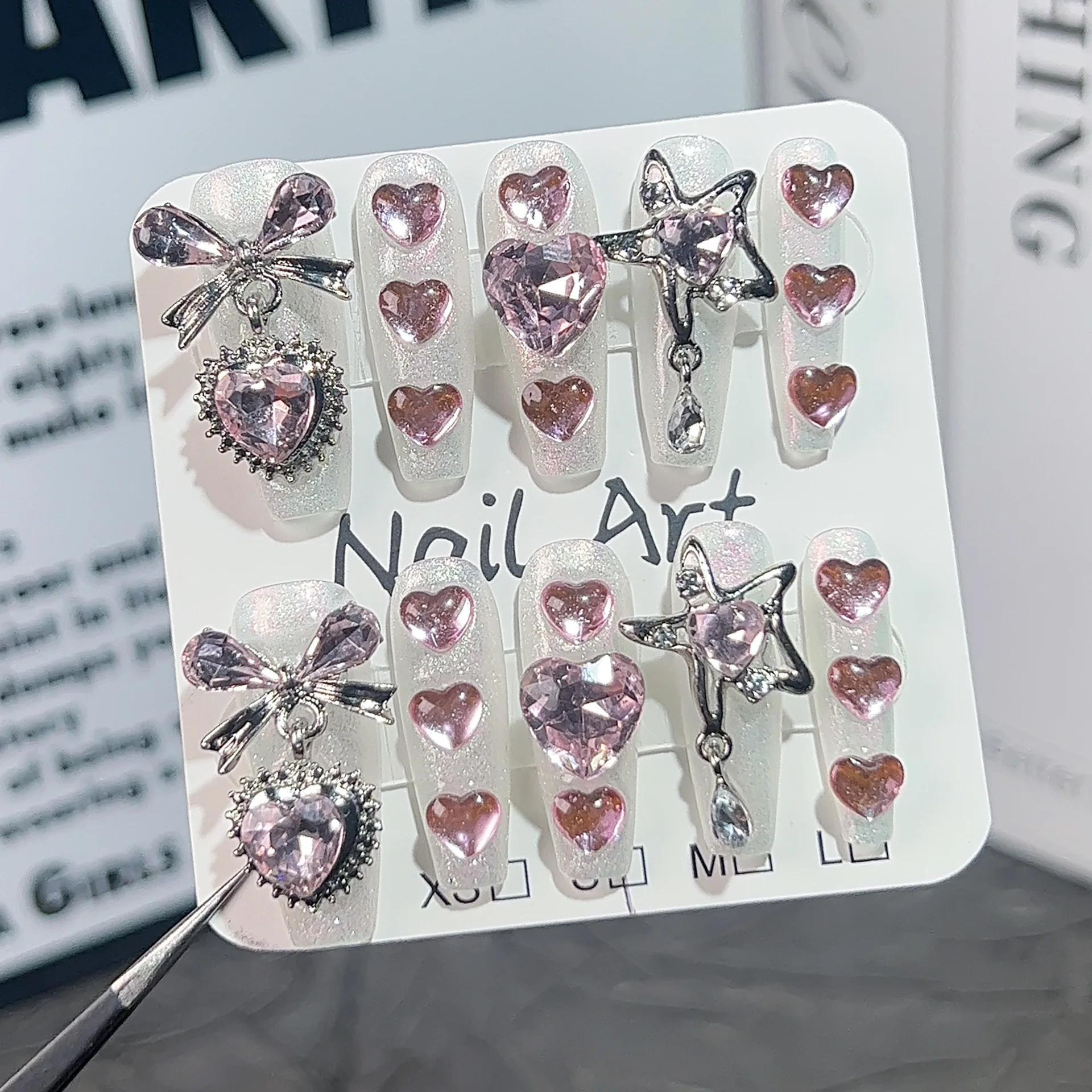 3D Silver Star Bow Fake Y2K Nails Long Handmade Press On Nails Flash Ballet Tip False Nails With Heart-Shaped Pink Diamond Decor