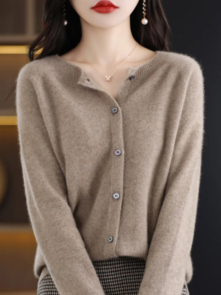 Women O-Neck Cashmere Cardigan 100% Merino Wool Sweater Buttoned Long Sleeve Knitwear For Spring Autumn Solid Basic Top Clothing