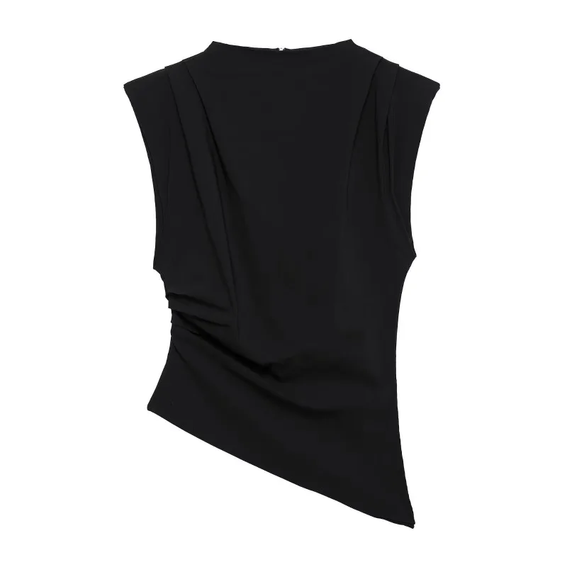 Cross-border Women's Clothing. New European and American Style  Fashionable Pleated Decoration Asymmetrical  Shoulder Pad Top  .