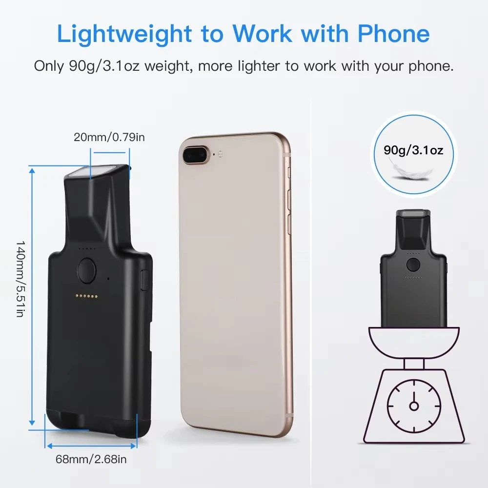 2D back clip B-T barcode scanner with phone, portable barcode reader with B-T function