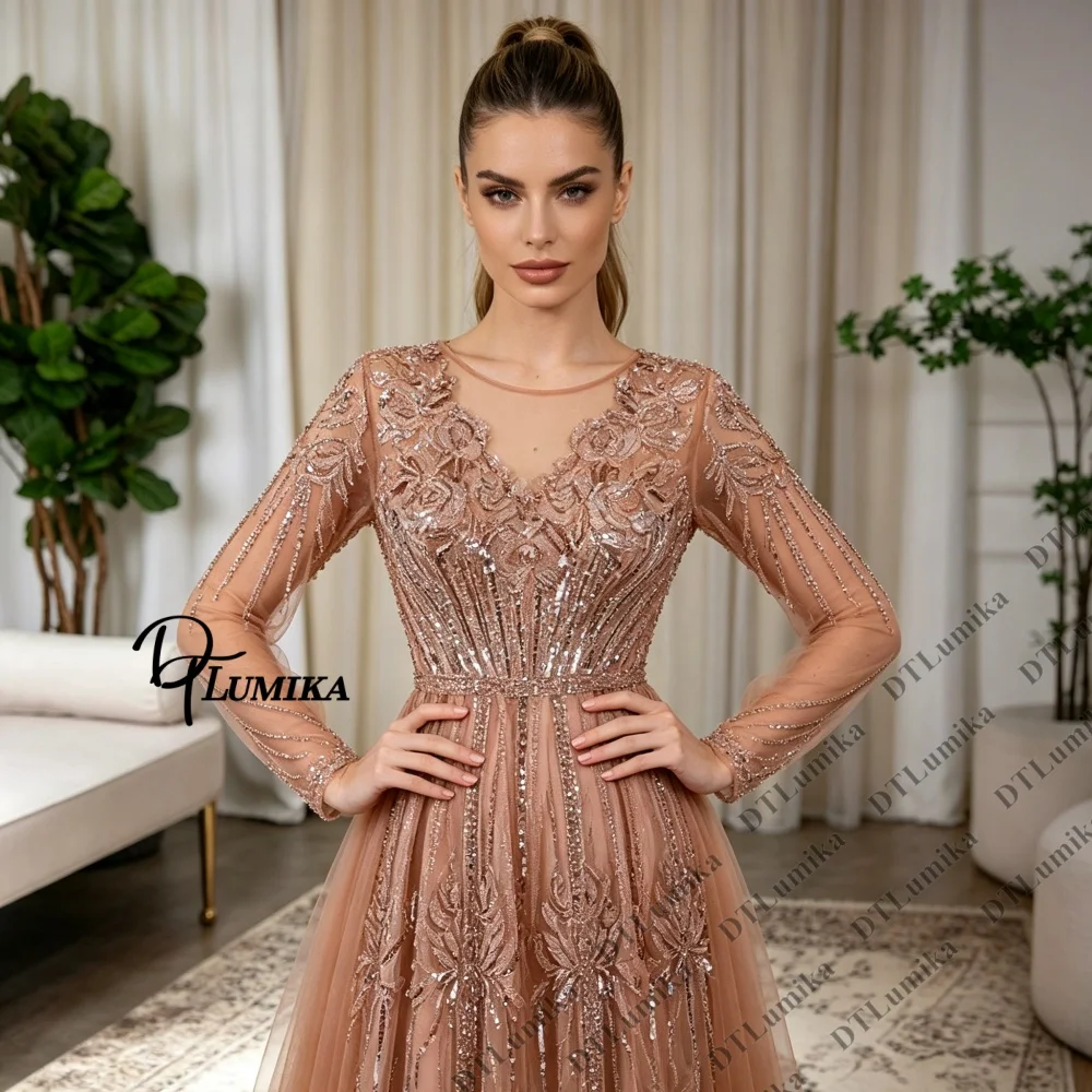 Custom Long Sleeve Illusion Neck Evening Gown with Floral Beading, Champagne Formal Prom Dress Party Cocktail Costume Dresses
