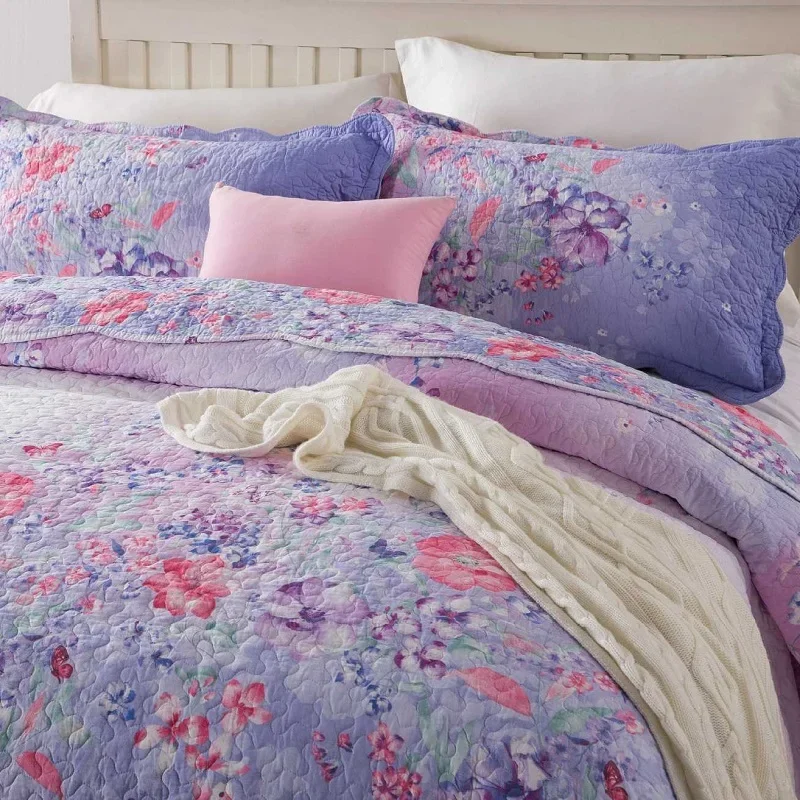 Floral Style Cotton Quilt Set 3pcs, Quited Bedspread on the Bed, American Blanket Coverlet, Padding Cubrecam Bed Cover Colcha