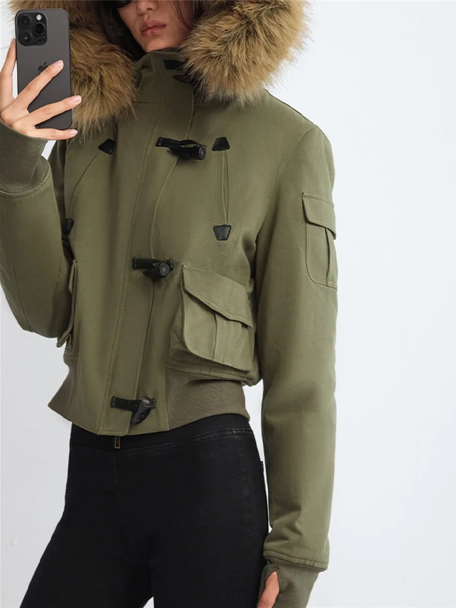 

2025 Women's Winter Hooded Cotton-padded Coat with Fur Collar Warm Women's Coat Outerwear Y2k Clothes New High Quality Jacket