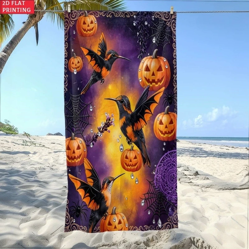 Gothic Hummingbird Beach Towel Microfiber Halloween Pumpkin Spiderweb Bath Towel Quick Dry Large Swimming Blanket Shawl