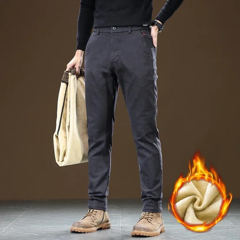 Pantaloni dritti slim in pile invernale da uomo addensare calore elastico in vita pantaloni casual da lavoro moda abbigliamento coreano nero grigio