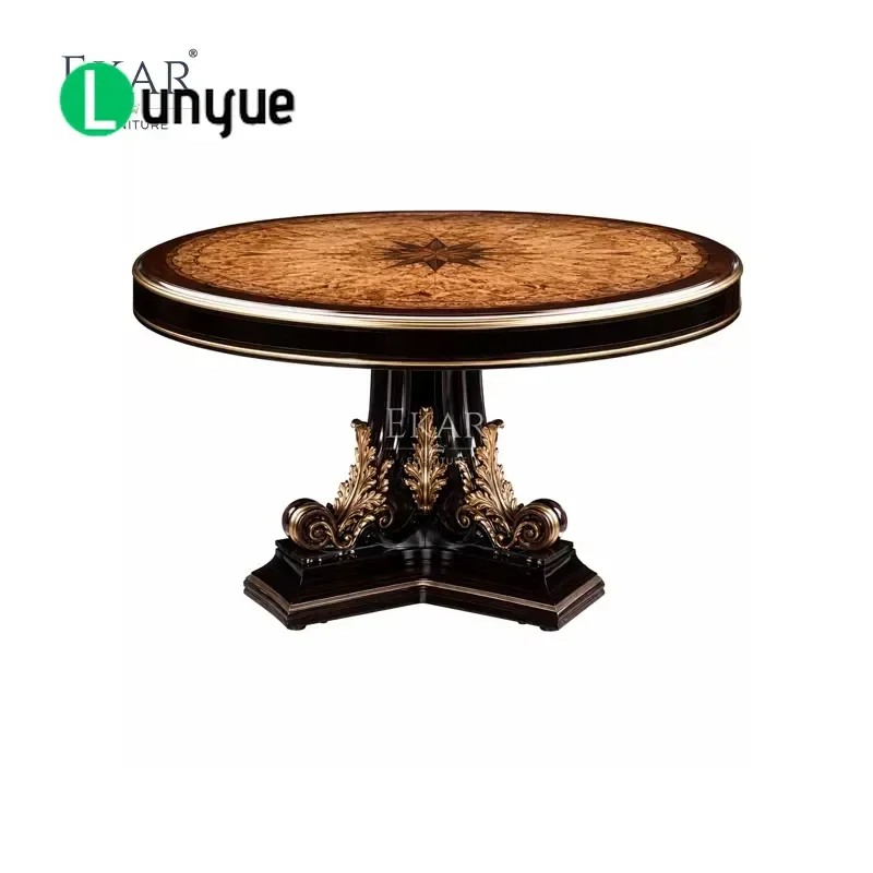 Round Dining Table French Classical Style Wood Grain Inlaid Pedestal Base Chateau Compass Rose Design Elegant Home Furniture