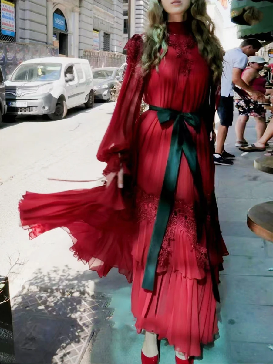 VGH Hit Color Vintage Cocktail Party Dress for Women Stand Collar Patchork Lace Hollow High Waist Irregular Prom Dresses Female