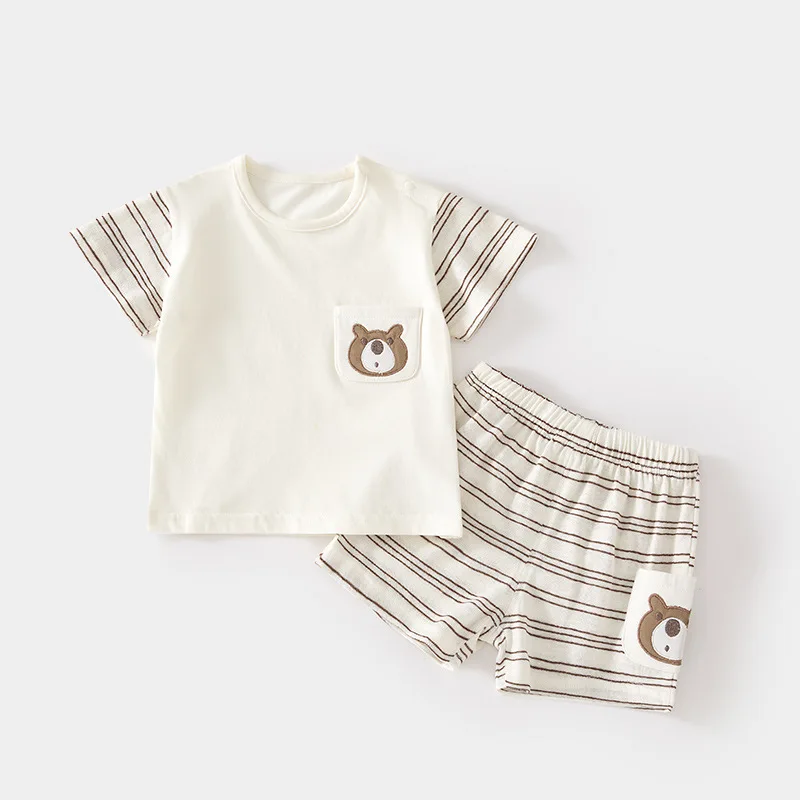 Baby Short-Sleeved T-shirt Suit Home Wear Thin Ice Skin Cotton Summer Children's Shoulder Open Shorts Loose Baby Outerwear 3