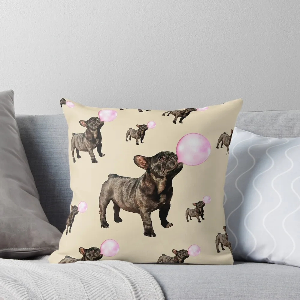 

French bulldog puppy and pink bubblegum, cool, funny frenchie dog Throw Pillow Decorative Sofa Cushions pillow