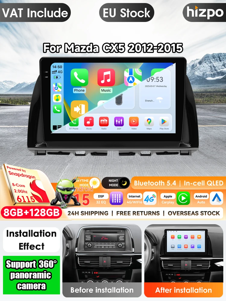 Hizpo 7862 Android 14 Auto-Multimedia-Player für Mazda CX5 CX-5 2012-2015 10,1 Zoll Video Autoradio GPS Navigation Stereo 2-DIN Head Unit BT Intelligente Systeme Monitor Pro AI Sprachsteuerung