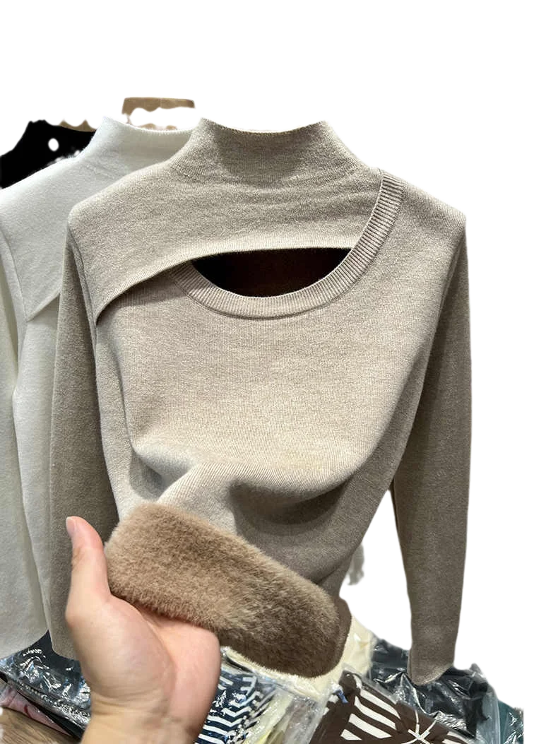 เสื้อสเวตเตอร์คอสูงสำหรับผู้หญิง ผ้ากำมะหยี่เนื้อนุ่ม สวมใส่เป็นเสื้อตัวในได้ เหมาะสำหรับฤดูใบไม้ร่วงและฤดูหนาว