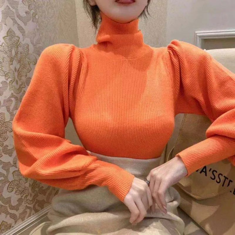 Autumn and Winter Women's Pullover Turtleneck Patchwork Screw Thread Solid Underlay Fashion Casual Commuter Long Sleeve Tops