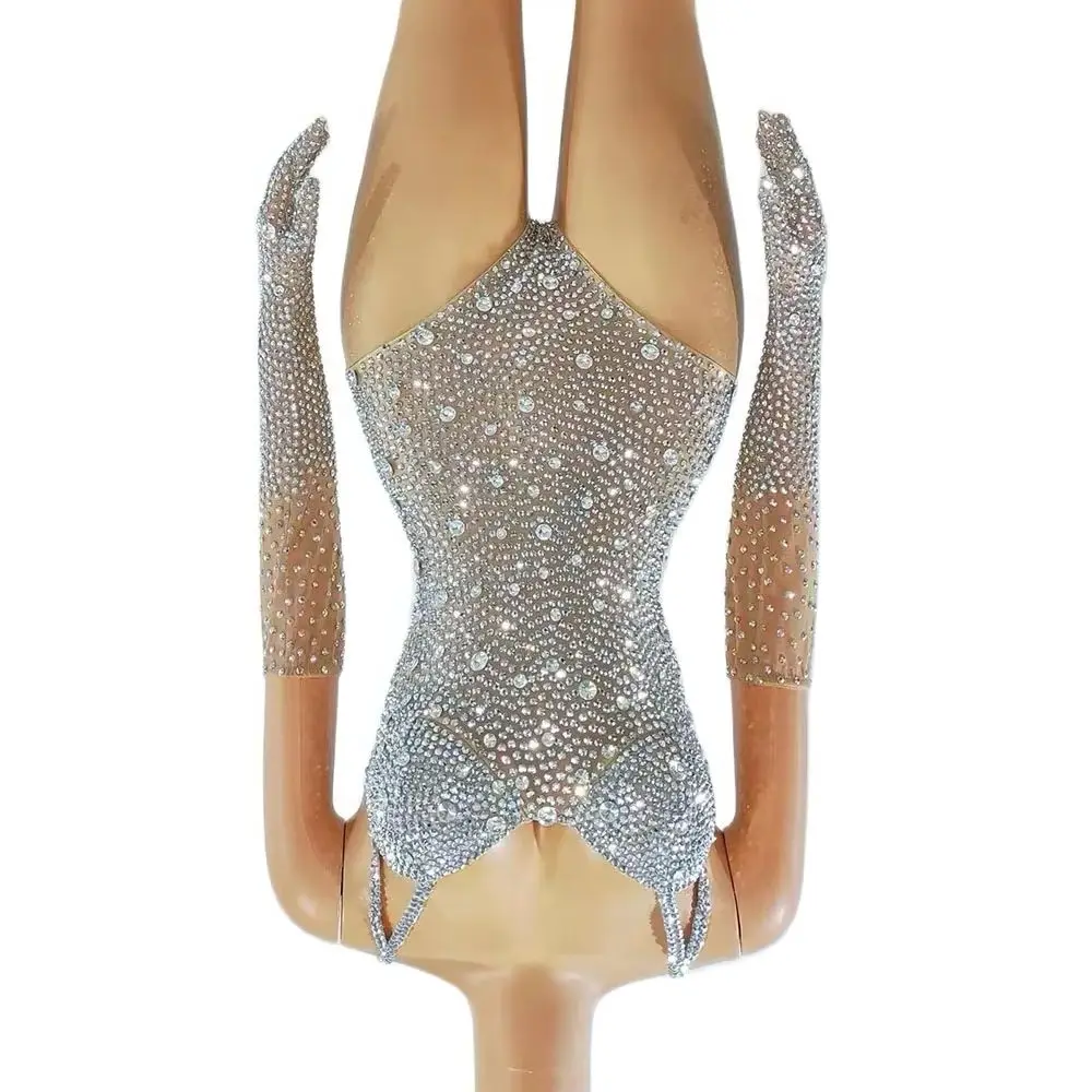 

Rhinestones Leotard Gloves Show Girl diamond outfit Party Birthday Nightclub Bodysuit Performance Dance Costume Stage Wear