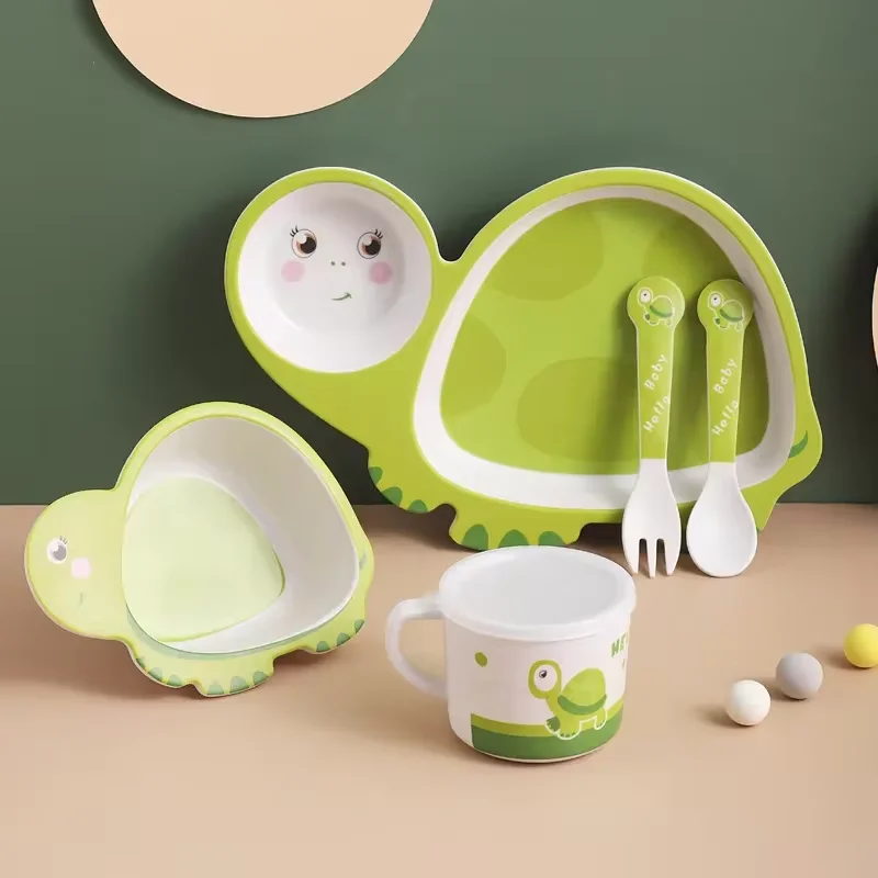 5pcs/set Cartoon Animal Dish Tableware Set Natural Bamboo Fiber Bowl With Cup Spoon Plate Fork Feeding Dishes for Kids Utensils