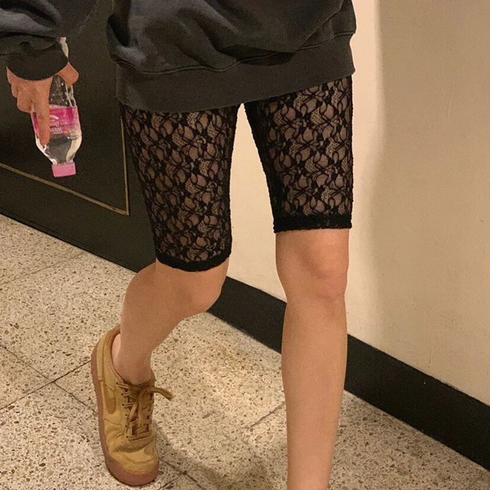 Vintage Flower Sheer Lace Mid Leggings Pants Ladies Transparent Mesh Leggings Korean Fashion Layered Shorts For Skirt Dress
