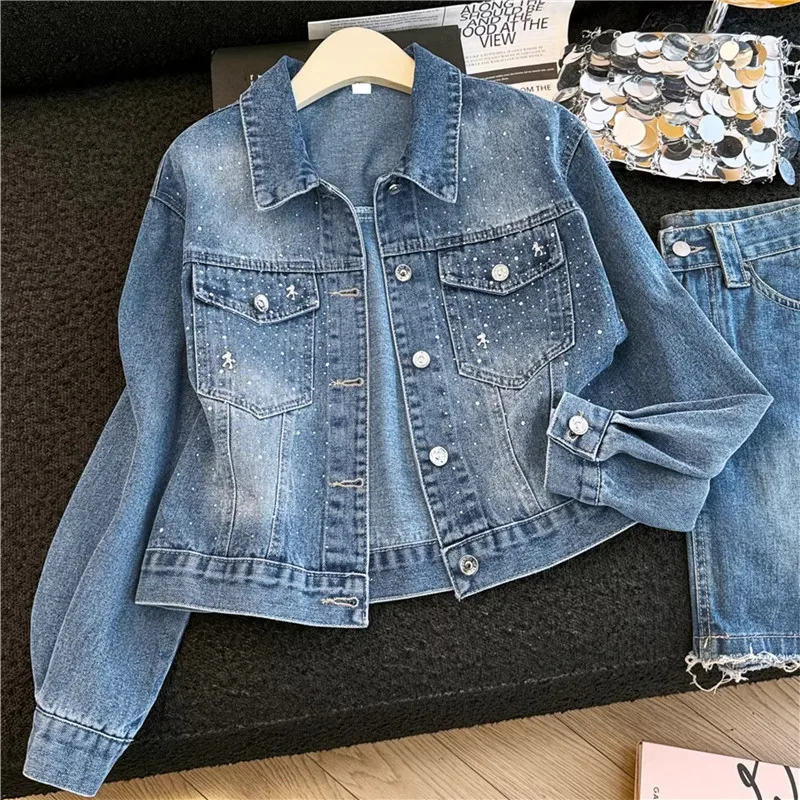 

Винтажная джинсовая куртка с синими стразами, новая женская укороченная ковбойская куртка на весну-осень, повседневная куртка с отложным воротником и длинными рукавами