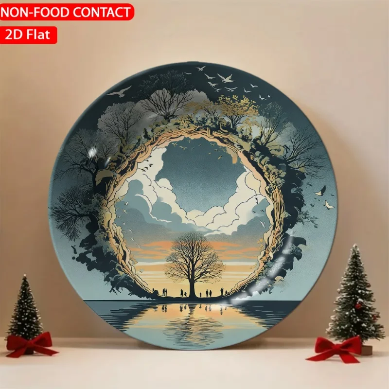 1pc Circular Landscape Tree Sunset Ceramic Plate Non-Food Contact, Home Desk Ornaments, Living Room And Bedroom Decorations,