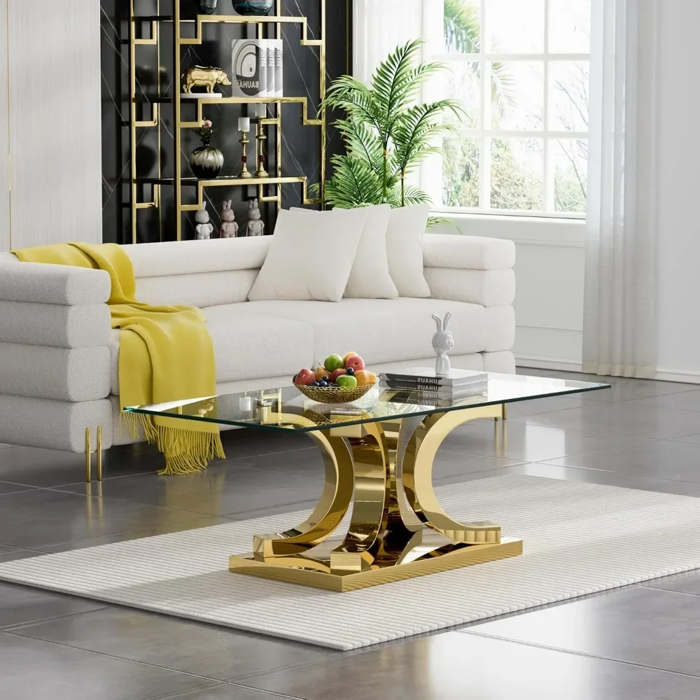 Glass Coffee Table with Gold 4C Stainless Steel Metal Leg, Rectangular Clear Tempered Glass Center Stainless Steel Tea Table