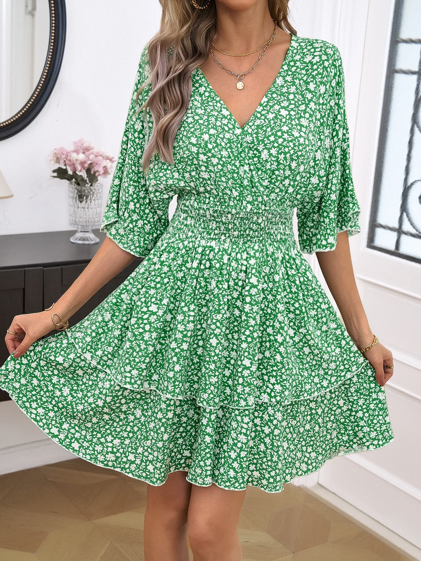 

New Fashion Summer Women Casual Y2K Retro Floral V-Neck Loose Holiday Beach Midi Ladies Streetwear Female Green Flower Dress