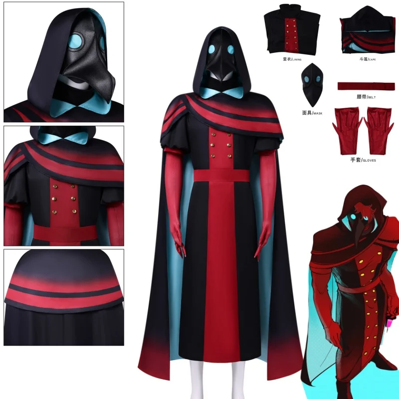 Disfraz de Médico de la Peste del Circo Medieval, Capa con Capucha Degradada en Rojo y Negro, Máscara, Guantes, Traje de Médico para Juego de Roles de Halloween