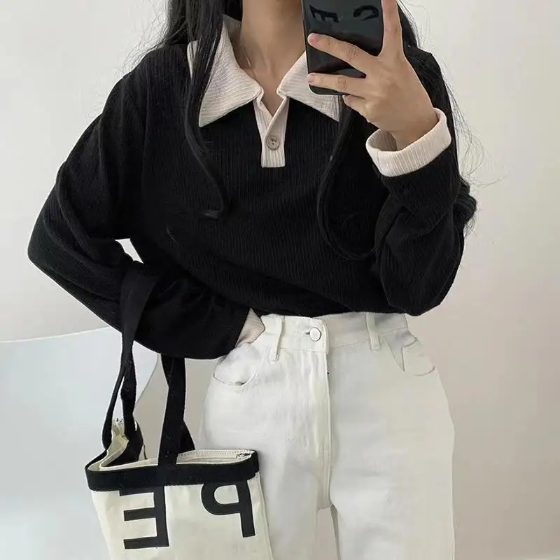 Yasuk Spring Summer Autumn Women\'s Casual T-Shirts Female Pullover Loose Tees Top Fake Two Piece Suit Preppy Style Gentle