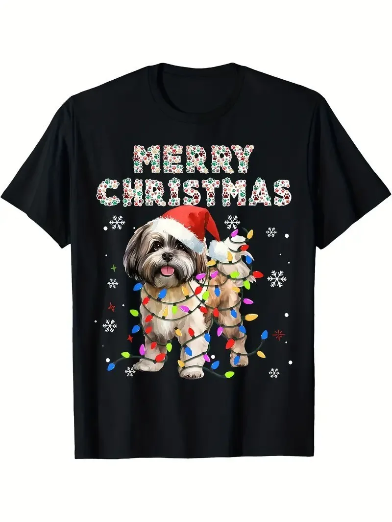 

Shih Tzu Dog in Santa Hat Merry Christmas Lights T Shirt S 5XL Q7458