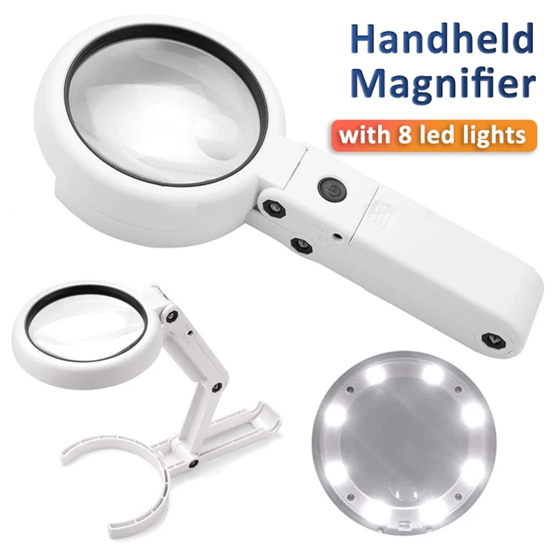 Portable Handheld Magnifying Glass with LED Lights Foldable Desktop Magnifying Glass for Newspaper Reading Magnifier Repair Tool