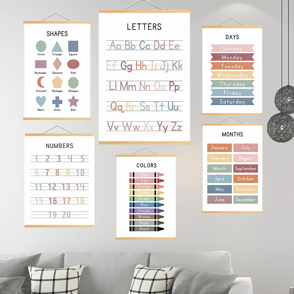Pósteres educativos con letras colgantes de madera maciza, lienzo con alfabeto y números, perfectos para decoración de aula, hogar, escuela y dormitorio