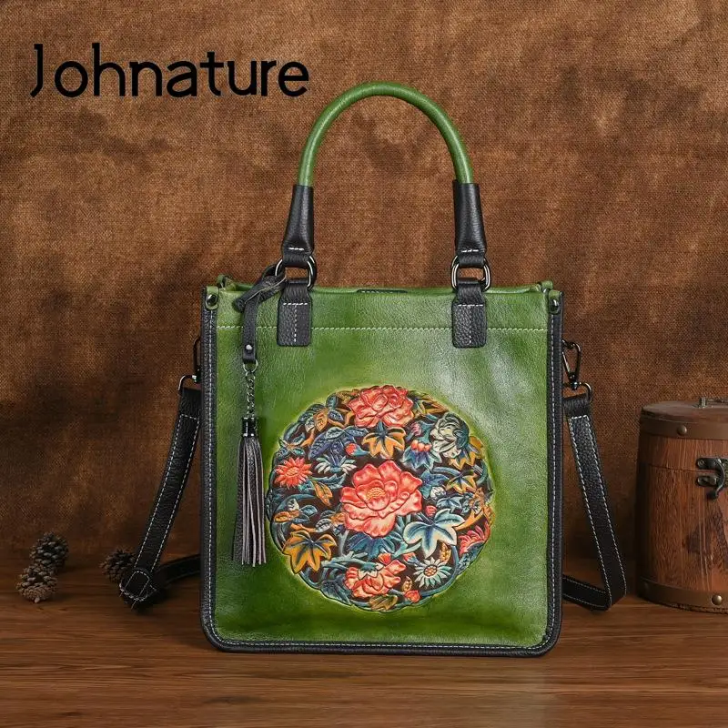 Borsa da donna in vera pelle goffrata retrò stile cinese Johnature 2024 nuove borse a tracolla versatili in vera pelle bovina di grande capacità