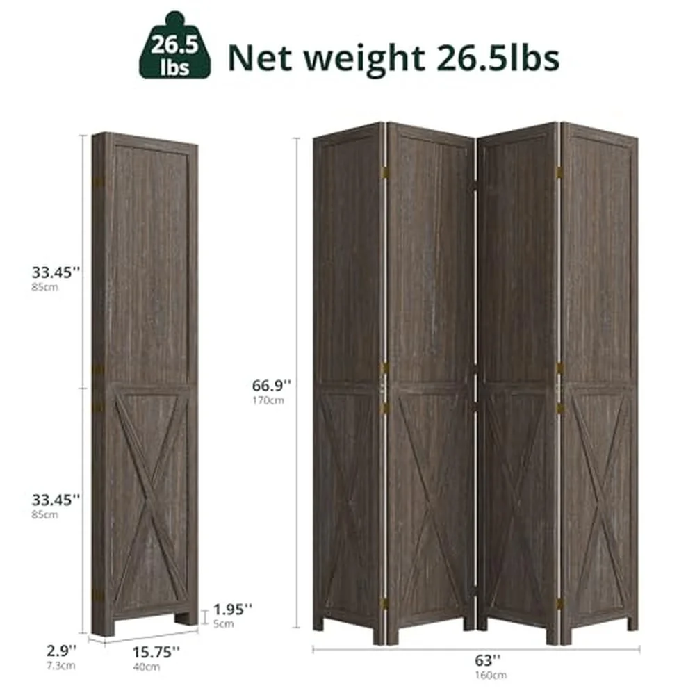 4 Panel Folding Room Divider Solid Wood Privacy Screen Freestanding Partition Wall Temporary Wall for