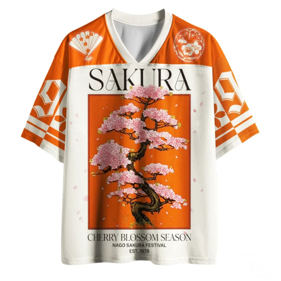 Retro Japanese Cherry Blossom Tree Pattern 3D Full Print Mesh V-neck Knitted Orange Beige Short Sleeve Number 99 Top