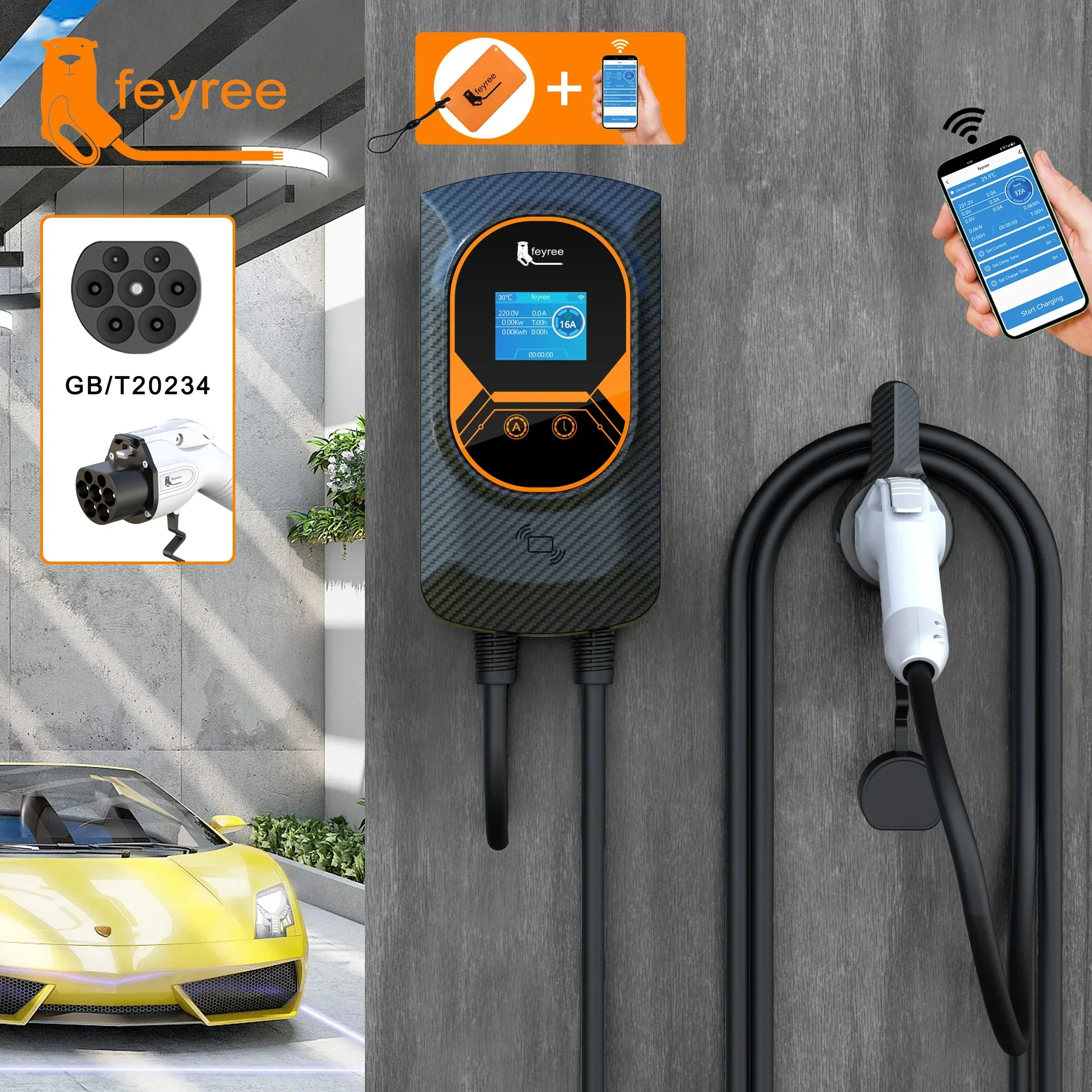 feyree EV Charger GB/T Cord 16A 32A EVSE Wallbox 7KW 11KW 22KW APP Control RFID Card Control 5m Cable for Electric Vehicle Car