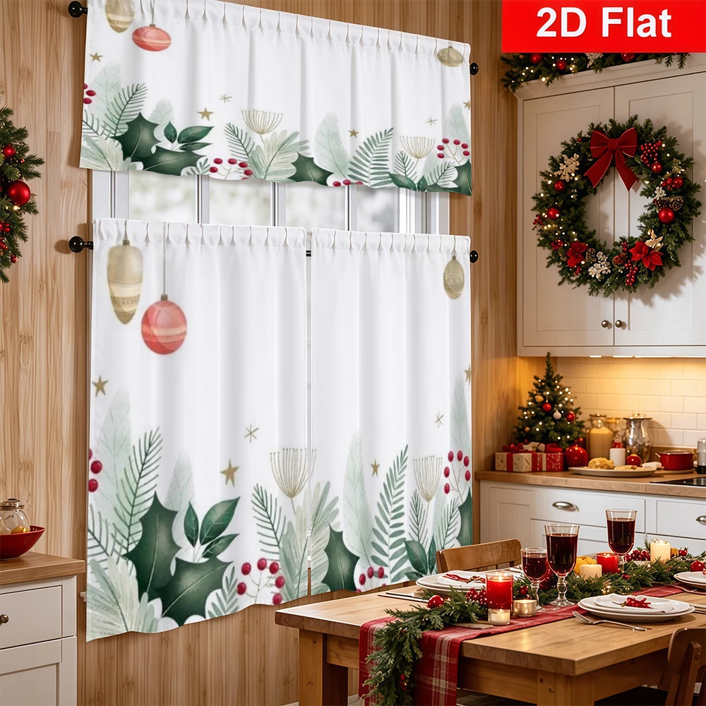 Christmas Kitchen Curtains, Watercolor Foliage Ornament, Digital Print, Kitchen Dining Room, Rod Pocket Polyester, Home Decor