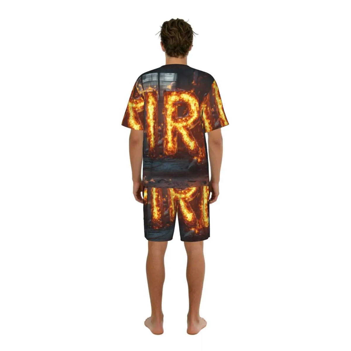 Men's Casual Pajama Set Short Sleeve T-shirt Shorts Fiery Fire Text Home Clothes Sleep Suit