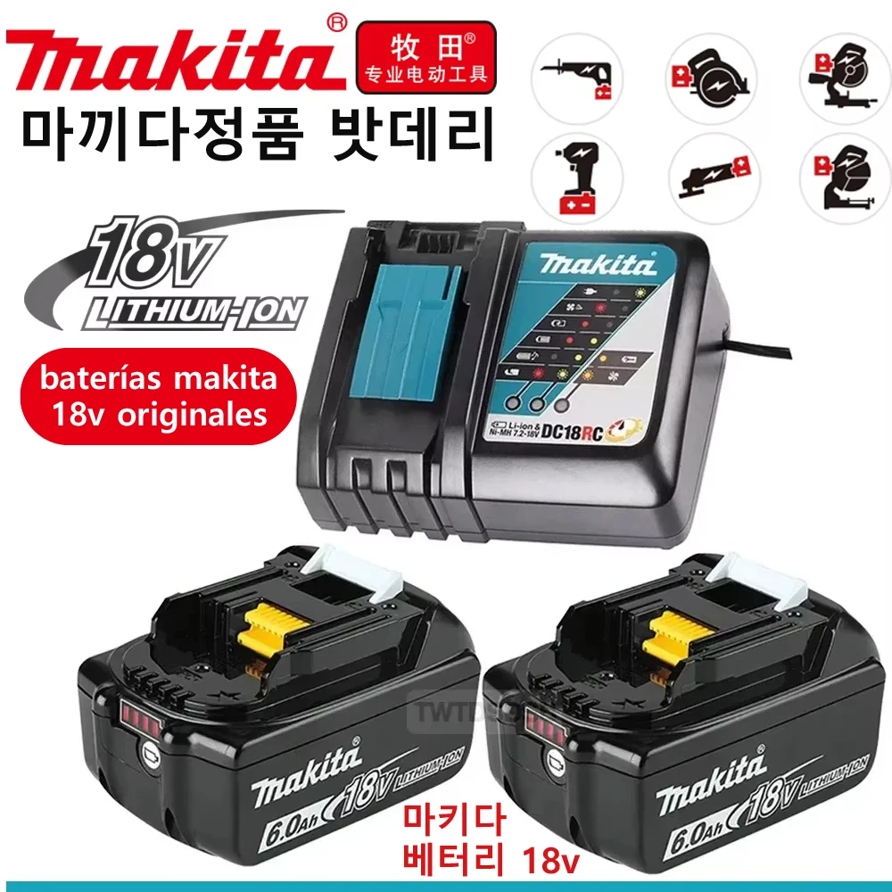 100% 마키타 오리지널 리튬 이온 충전식 배터리, 18V 드릴 교체 배터리, BL1860 BL1830 BL1850 BL1860B, 18V 6000mAh, 마끼다18v 배터리