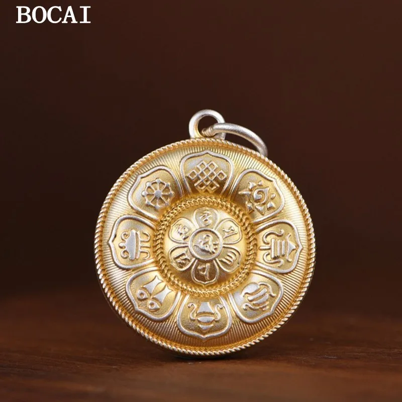 BOCAI S999 Pure Silver Gold Stroke Six Character Mantra Auspicious Words Round Pendant Elegant Chinese Style Women's Gift