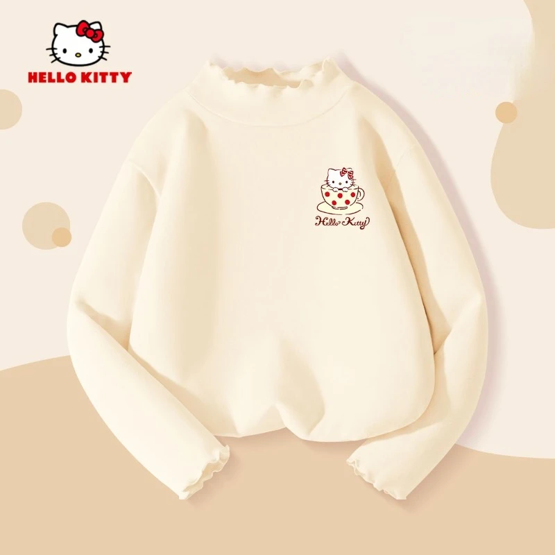 Kawai อะนิเมะ Hello Kitty เสื้อยาวถึงก้นของเด็กผู้หญิงน่ารัก Sanrio ความคิดสร้างสรรค์ฤดูใบไม้ร่วงผ้ากำมะหยี่อบอุ่นสวมใส่ได้ของแถม