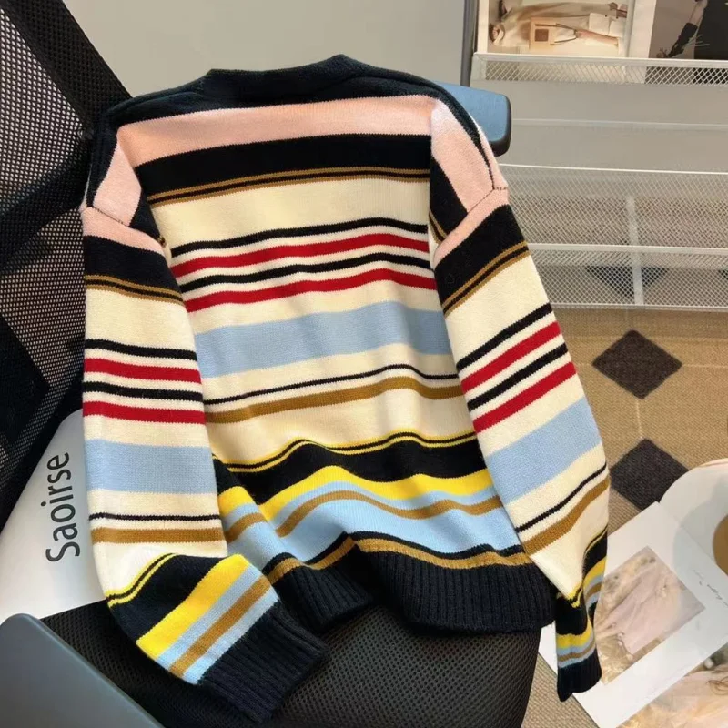 Women Color Fashion New Fashion Style Recreational Temperament Knitted Contrasting Solors Sweater Coat Chic Winter Stripe Top