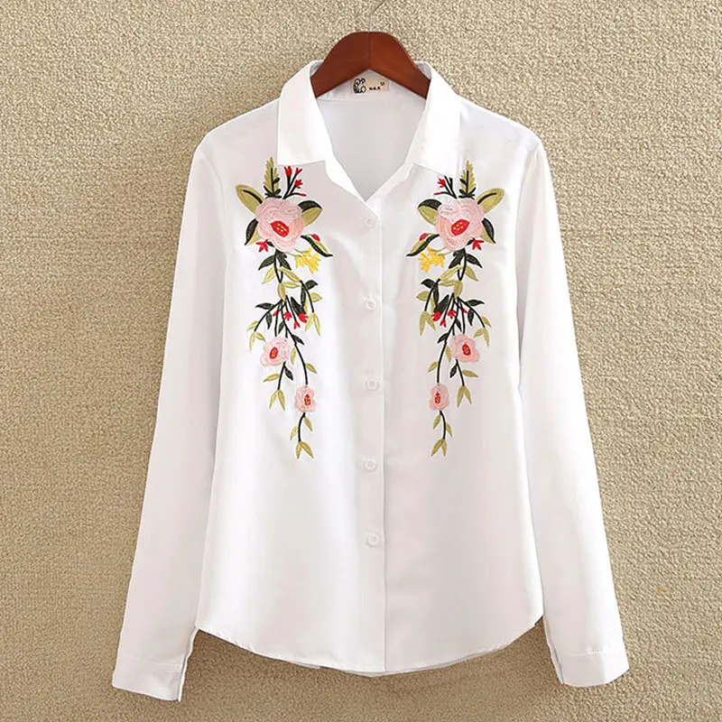 Office Lady White Long Sleeve Embroidery Shirt Blouse Women 2023 New Spring Fashion Button Slim Shirts Top Femme S-5XL