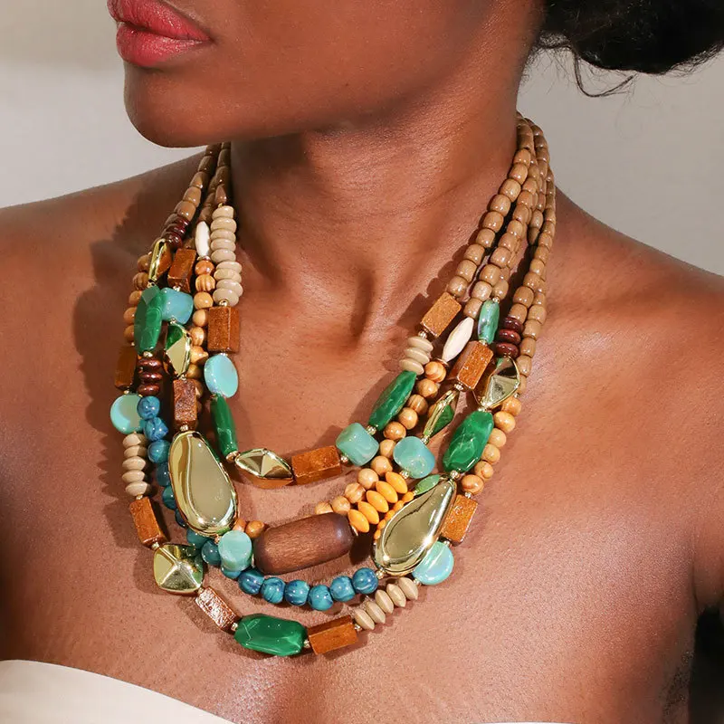 

1Pc Exquisite Fashion Exaggerated Multicolor mixing Wood Beads Necklace Girl Trendy Wedding Party Jewelry,Christmas Decor Gifts