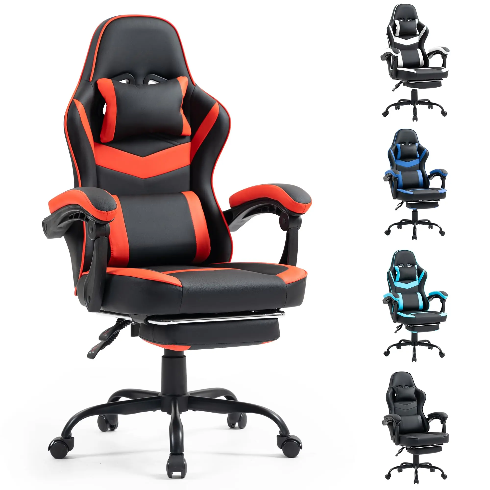 High-Back PU Leather Gaming Chair With Adjustable Footrest And Lumbar Pillow For Adults