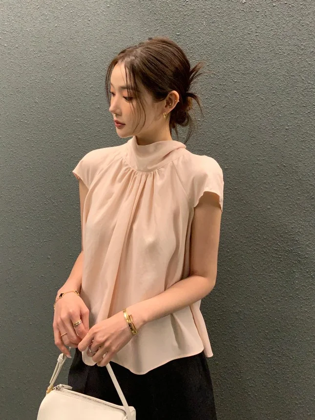 

Women's Summer Chic Shirt Back Strap Loose Short Sleeve Stand Collar Slimming Sweet Tasteful Versatile Polyester Blend Blouse