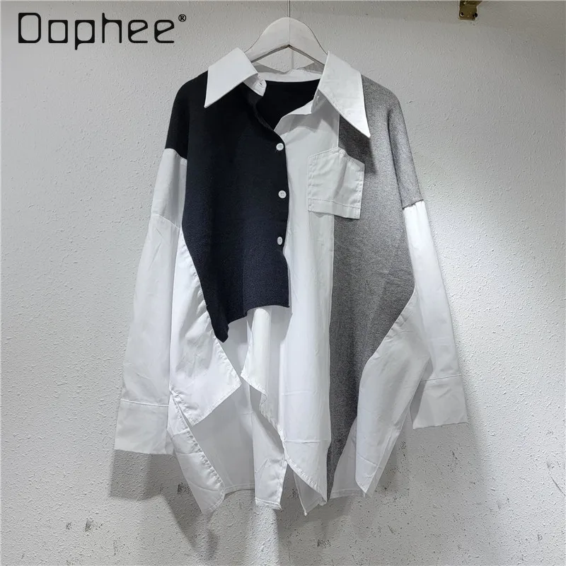 

Fake Two Pieces Patchwork Shirts Contrast Color Long Sleeve Turn Down Collar Loose Split Chic Blouses Casual Women Clothes