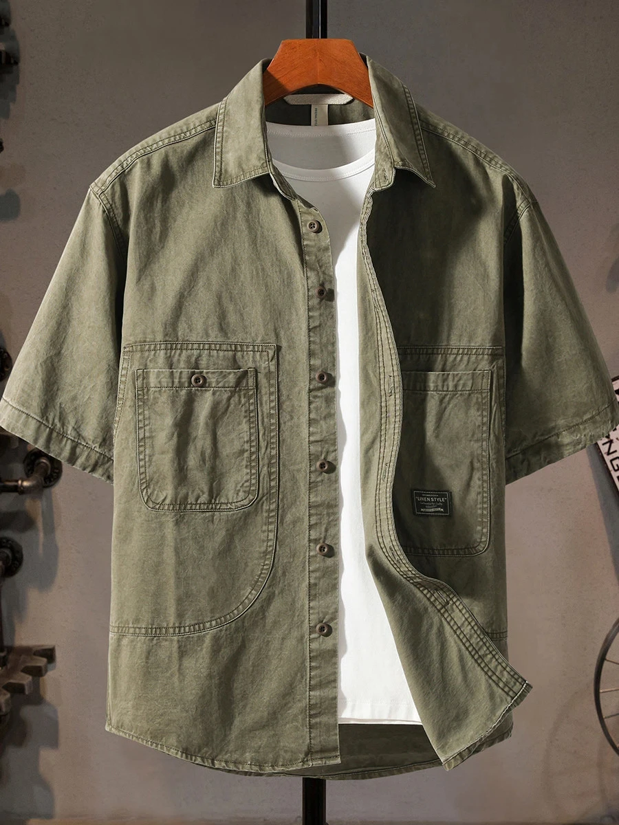 Z943# Summer New American Retro Short Sleeve Lapel Cargo Shirt Men's Amekaji 100% Cotton Washed Double Pocket Loose Casual Tops