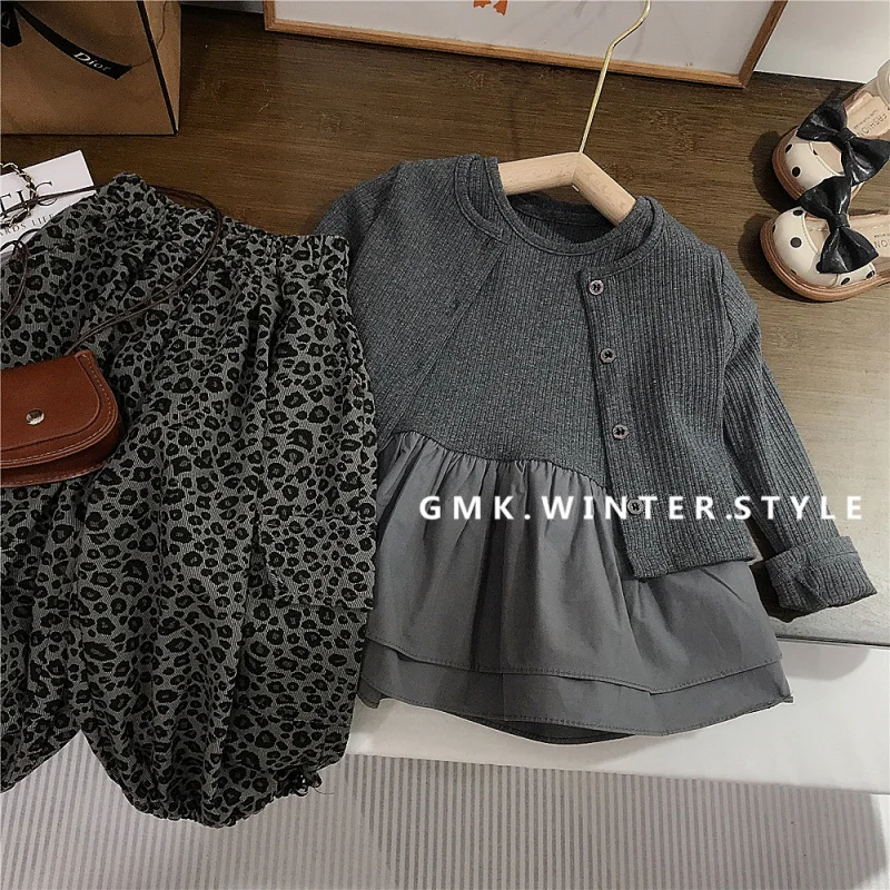 

Girls' Knitted Set Autumn New Children's Sleeveless Vest Long Sleeve Cardigan Baby Girl Leopard Print Casual Pants