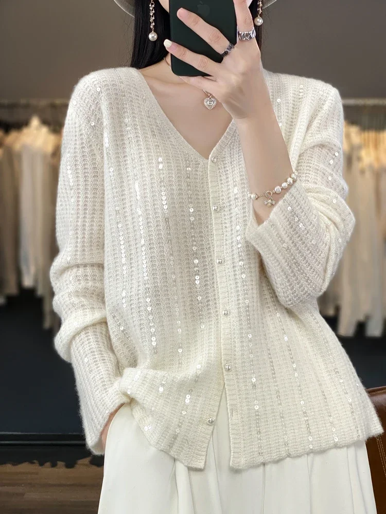 

100% Wool Cardigan Sweater Women V-neck Long Sleeve Top Korean Style New Outerwears Mujer Knitwear Sequin Spring Clothing A204