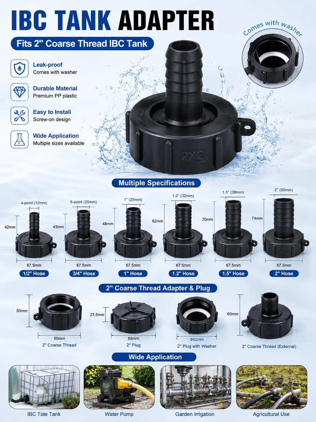 IBC Tank 60mm Coarse Thread Adapter Kit Hose Fitting Internal External Thread Plug Connector
