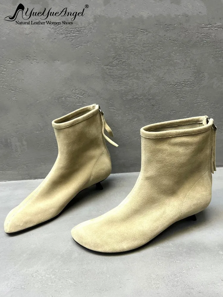 Women Autumn  Vintage Cow Suede Square Toe Stiletto Heel Boots Slip On Soft Genuine Leather Shoes Designer Ladies Short Boots